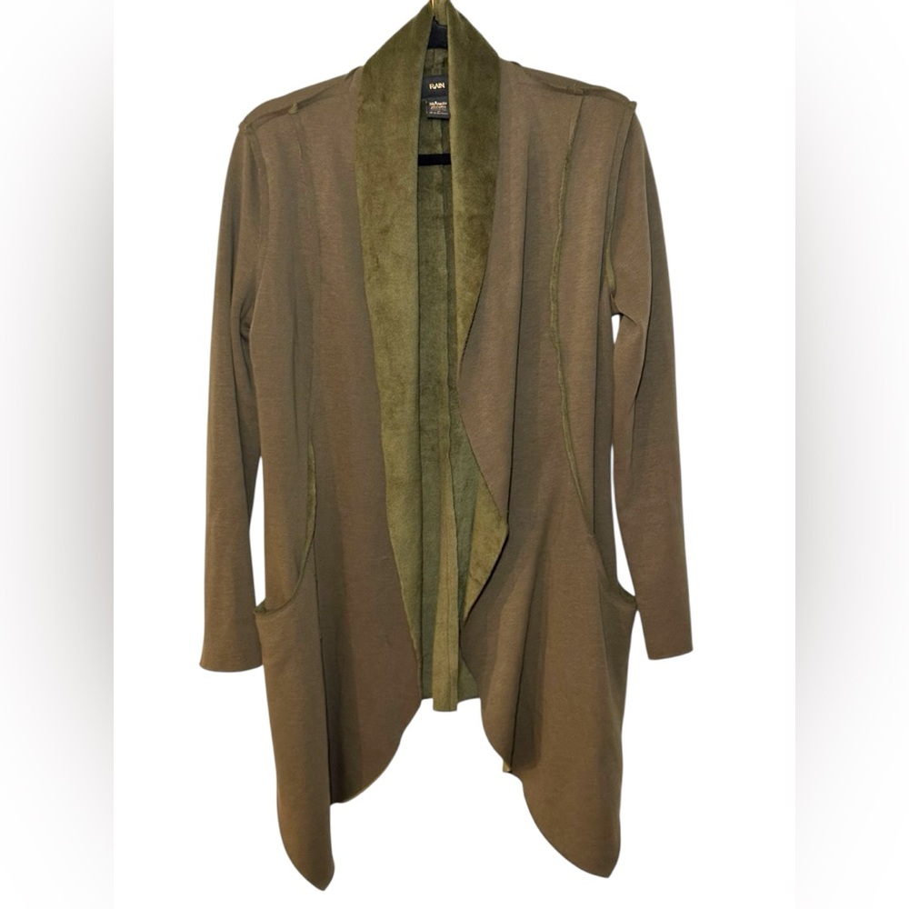 RAIN Olive Green Open Front Fleece Lined‎ Waterfall Cardigan | Sz M | EUC